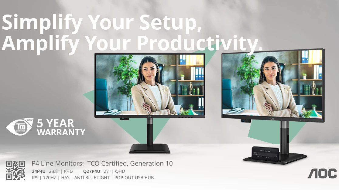 AOC Professional P4 sorozat: 120 Hz-es monitorok előugró USB-elosztókkal és 5 év garanciával aoc-professional-p4-sorozat-120-hz-es-monitorok-elougro-usb-elosztokkal-es-5-ev-garanciaval