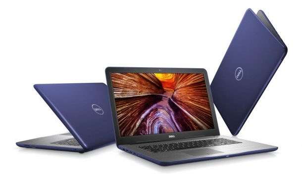 Three Dell Inspiron 17 5000 Series (Model 5767) Non-Touch 17-inch notebook computer with Intel processor, codename Gamora, shown in various orientations.