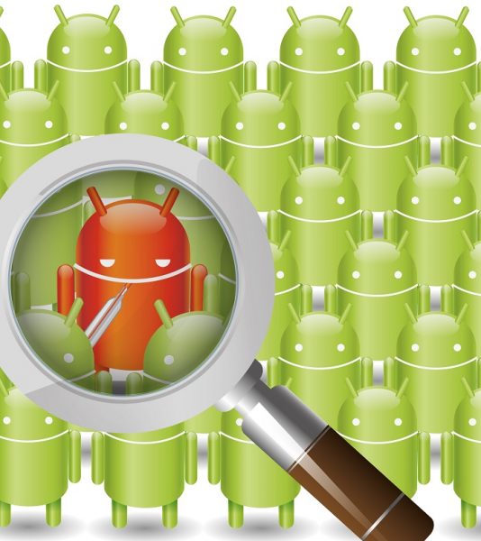 10706405 - magnifying glass scanning android for a infected one